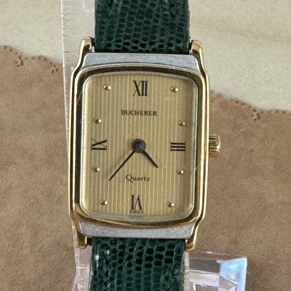 Vintage Bucherer Women's Green Leather Strap Gold-Tone Rectangular Quartz Watch